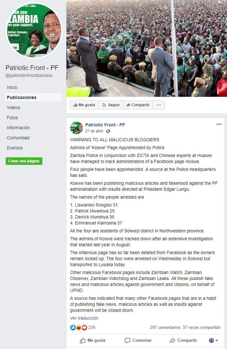 La publicación en Facebook del Frente Patriótico, el partido que comanda los destinos de Zambia y que reconoció la ayuda de Huawei para hackear cuentas de opositores
