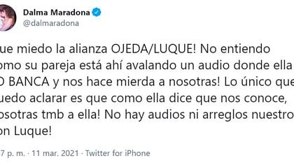 El primer tweet de Dalma Maradona contra Verónica Ojeda y Leopoldo Luque (Foto: Twitter @dalmaradona)