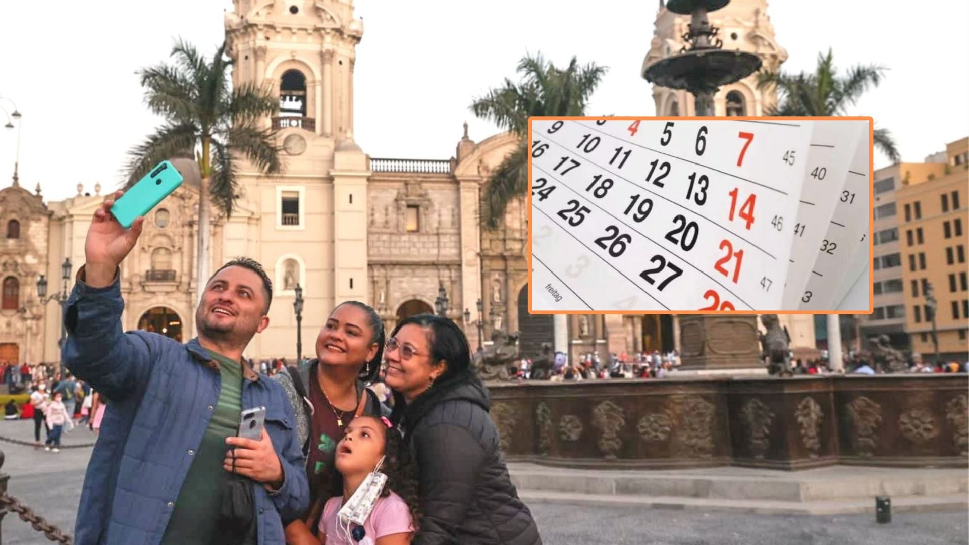 Personas en plaza de armas de Lima en día libre y calendario