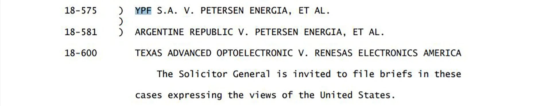 El extracto del “Order list” de hoy de la Corte Suprema de EEUU donde se menciona la demanda contra el país