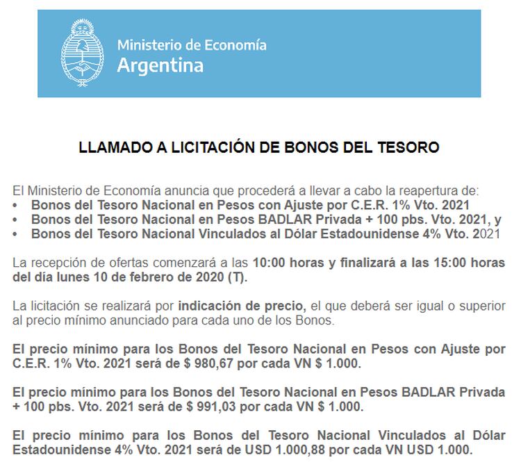 El llamado a licitación de los tres bonos para este lunes, previo al vencimiento del AF20 del jueves 13 de febrero