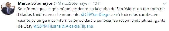 El secretario de Seguridad Pública de Tijuana informóa sobre el incidente a través de redes sociales (Foto: Twitter @MarcoSotomayor)