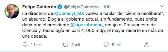 Así fue el mensaje de Felipe Calderón donde criticó las declaraciones de la directora de Conacyt. (Foto: Captura de pantalla)