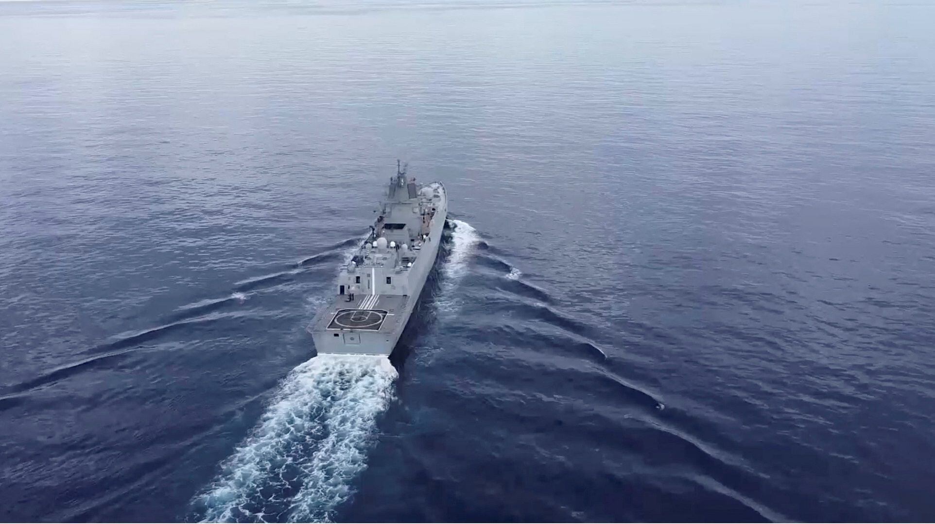 A still image from video released by the Russian Defence Ministry shows what it said to be frigate 'Admiral of the Fleet of the Soviet Union Gorshkov' during an exercise in the Atlantic Ocean, in an image taken from video released January 25, 2023. Russian Defence Ministry/Handout via REUTERS ATTENTION EDITORS - THIS IMAGE WAS PROVIDED BY A THIRD PARTY. NO RESALES. NO ARCHIVES. MANDATORY CREDIT. WATERMARK FROM SOURCE.