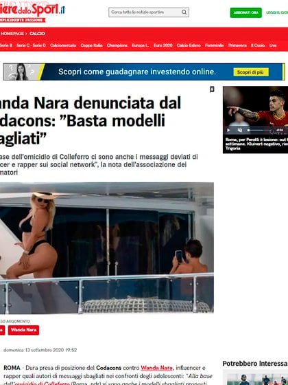 El portal Corriere dello Sport aseguró que Codacons decidió iniciar acciones legales contra la esposa de Mauro Icardi
