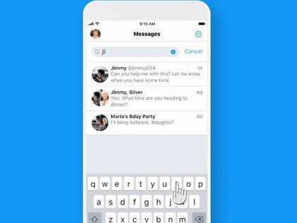 14/05/2021 Barra de búsqueda en los mensajes directos.

Twitter ha introducido la barra de búsqueda de los mensajes directos en su aplicación para Android, una característica que los usuarios de la versión para iOS puede usar desde agosto de 2019.

POLITICA INVESTIGACIÓN Y TECNOLOGÍA
TWITTER OFICIAL

