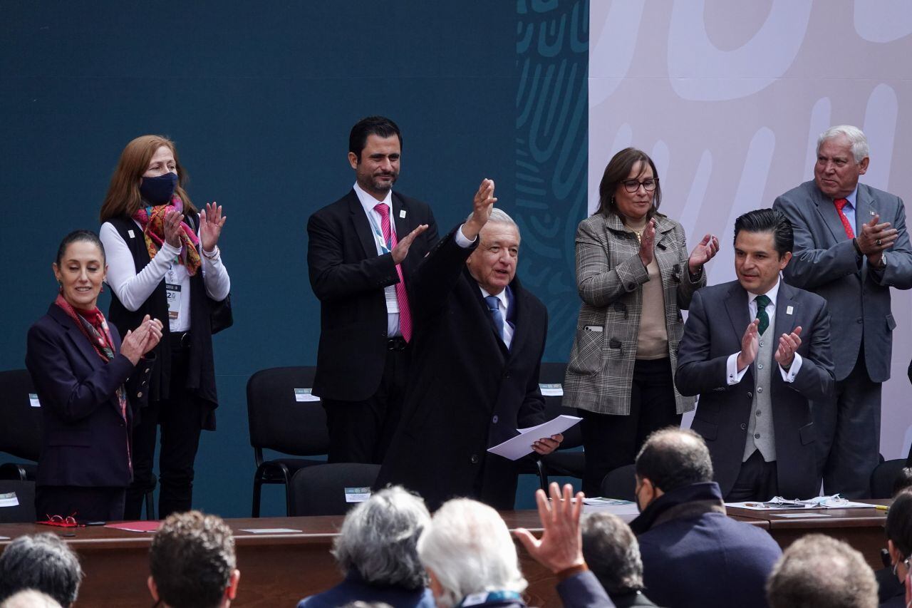 Andrés Manuel López Obrador durante la ceremonia con motivo de la 112 Asamblea General del IMSS en Palacio Nacional.