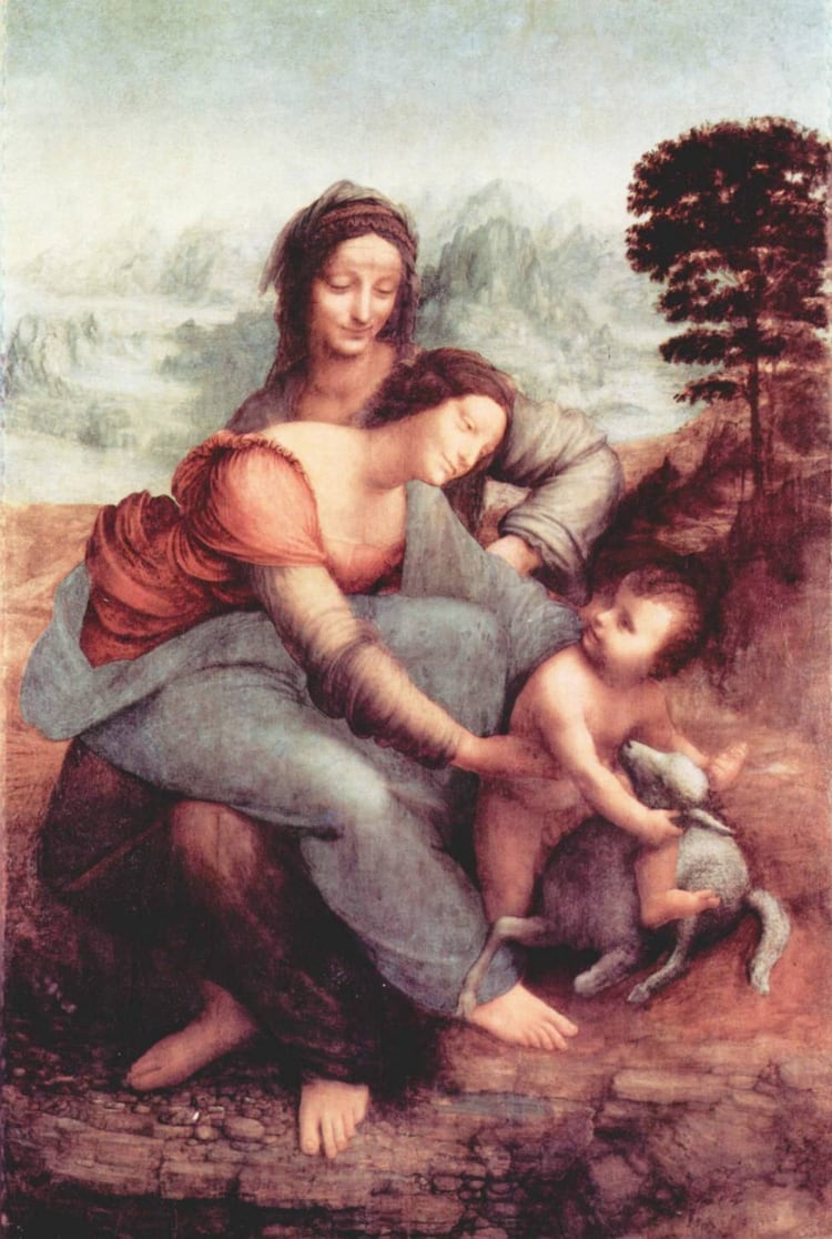 La Virgen María con el Niño de Leonardo Da Vinci representa a Santa Ana, San Juan Bautista, la Virgen María y el Niño Jesús 
