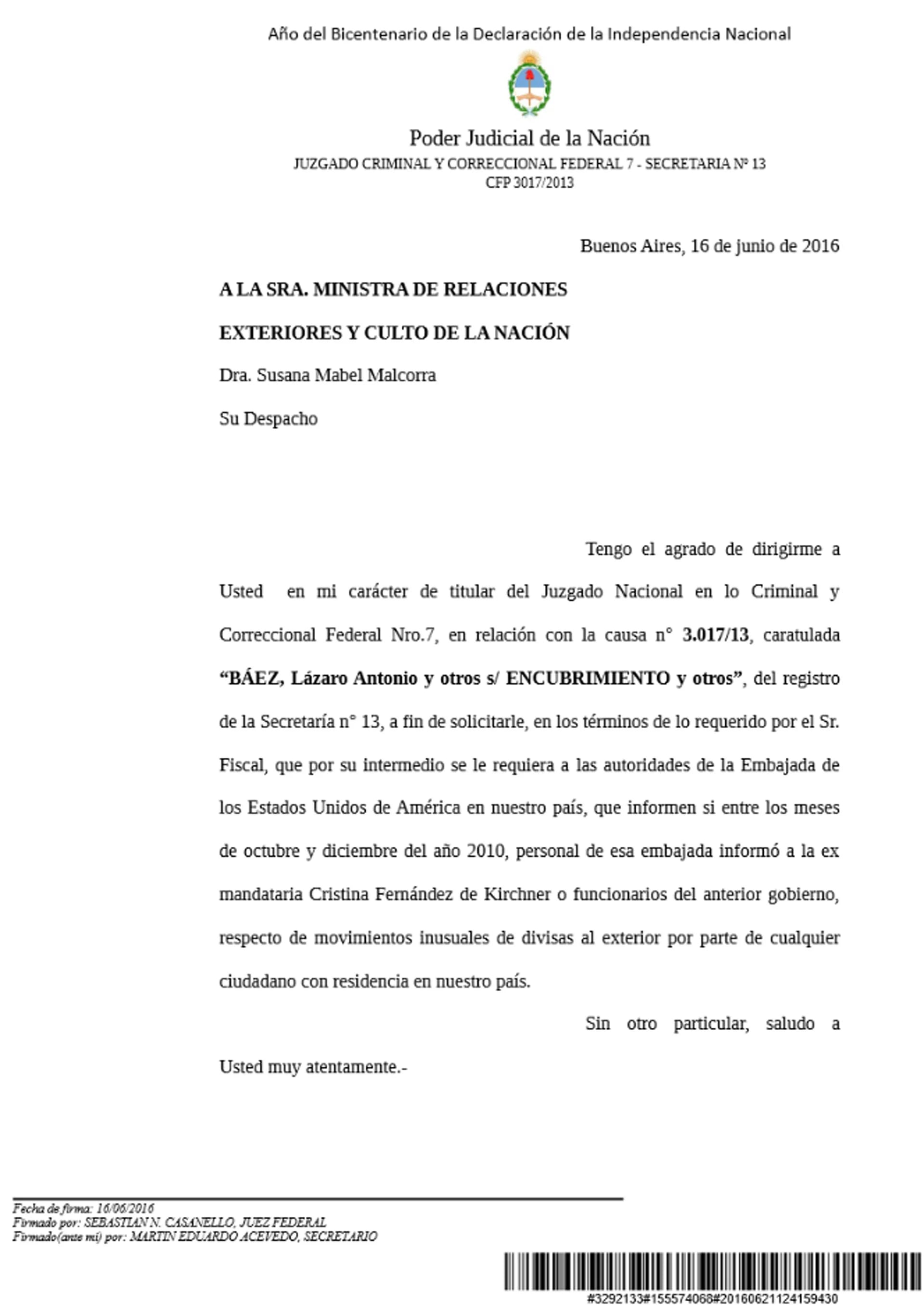 El escrito que presentó el juez Sebastián Casanello
