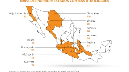 Los tres estados donde se registraron más noticias de violencia extrema fueron Guanajuato, Chihuahua y Michoacán. (Mapa: Infobae)