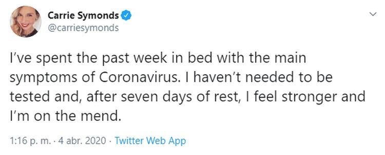 El tuit en el que la novia de Boris Johnson anunció que tiene los síntomas de coronavirus 