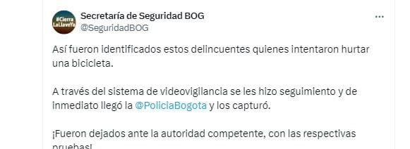 La Secretaría de Seguridad reseñó la captura de tres individuos que intentaron hurtar a un ciudadano en Bogotá - crédito Secretaría de Seguridad de Bogotá