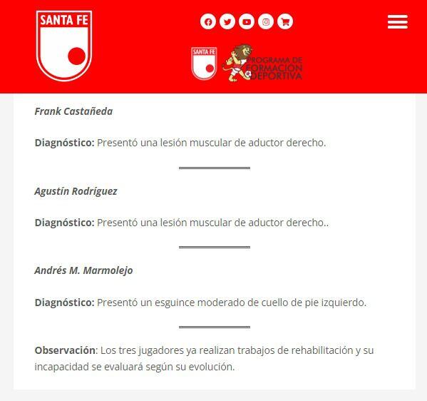 Pablo Peirano confirmó la baja de tres jugadores por lesión para enfrentar a Deportes Tolima - crédito Santa Fe Oficial / X