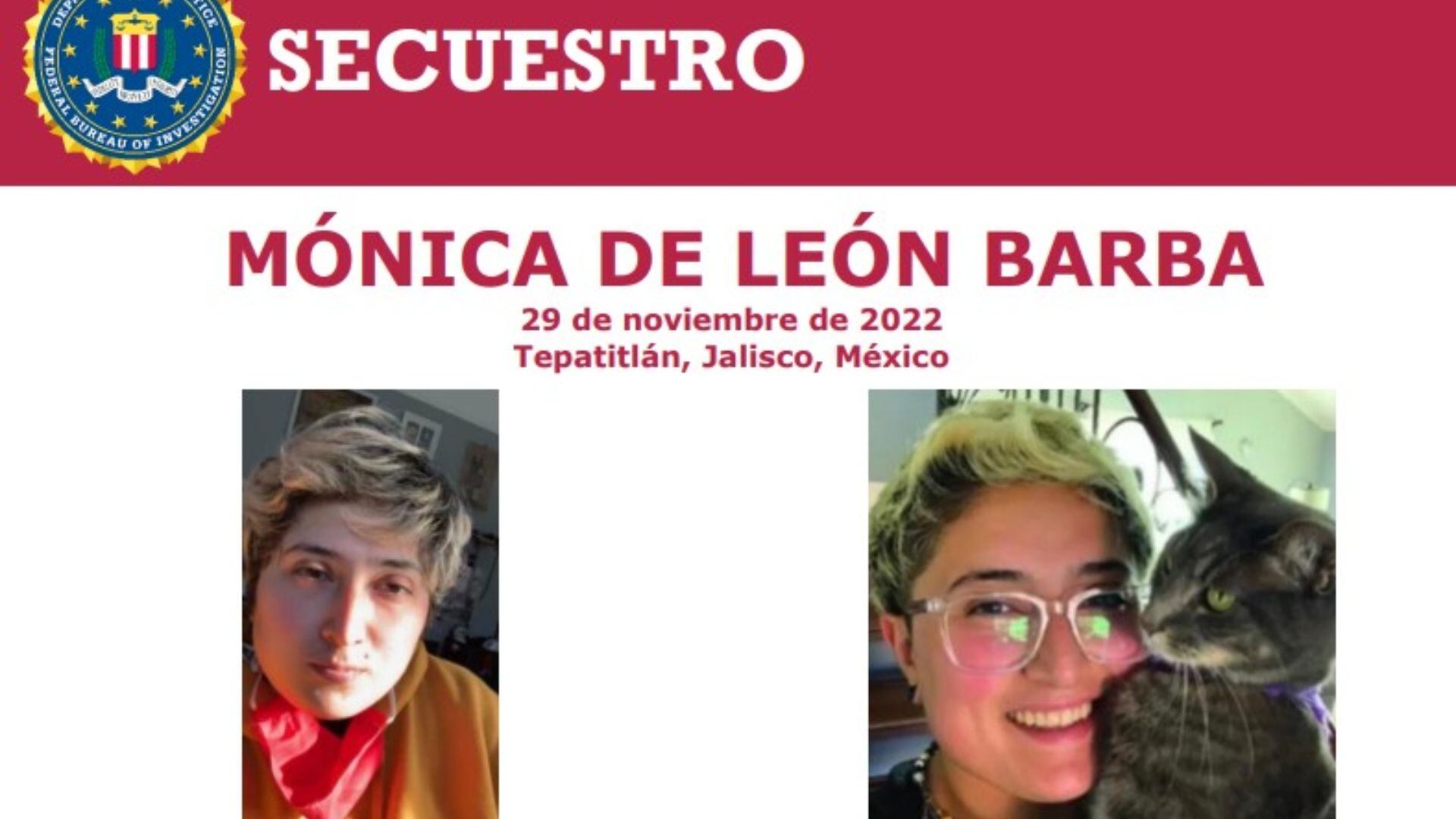 Mónica de León tenía 30 años cuando fue secuestrada en Jalisco. (FBI)