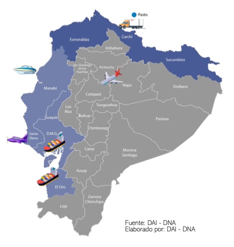 Locaciones y medios utilizados para el tráfico de drogas en Ecuador (DNA/ Policía Ecuador)