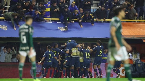 Soccer Football – Copa Libertadores – Argentina’s Boca Juniors v Brazil’s Palmeiras – Semi-Final First Leg – Alberto J. Armando stadium, Buenos Aires, Argentina – October 24, 2018. Boca Juniors’ Dario Benedetto (obscured) celebrates with team mates after scoring their second goal. REUTERS/Marcos Brindicci