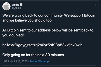 "Estamos devolviendo a nuestra comunidad. Apoyamos a Bitcoin y creemos que ustedes también deberían hacerlo. ¡Todos los Bitcoins enviados a nuestra dirección será devuelto a ustedes al doble! Sólo durante los próximos 30 minutos", señaló el tuit en la cuenta de Apple, que nunca antes había publicado un mensaje