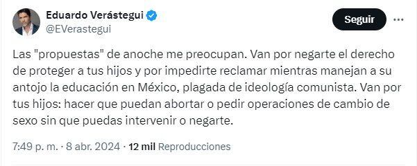Tuit de Eduardo Verástegui contra los candidatos presidenciables, sus propuestas