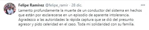 Felipe Ramírez lamenta la muerte del conductor del Sitp arrollado en un acto de intolerancia. Foto: Twitter Felipe Ramírez.