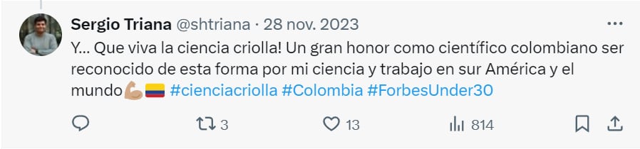 El científico colombiano Sergio Triana agradeció de una peculiar forma el reconocimiento de la revista Forbes-crédito X/@shtriana
