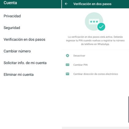 La verificación en dos pasos se activa desde el menú de Ajustes de WhatsApp.