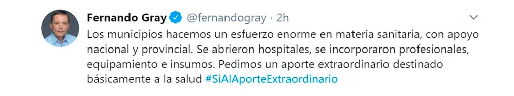 El tuit de Fernando Gray en redes en respaldo al proyecto de impuesto a la riqueza presentado en Diputados