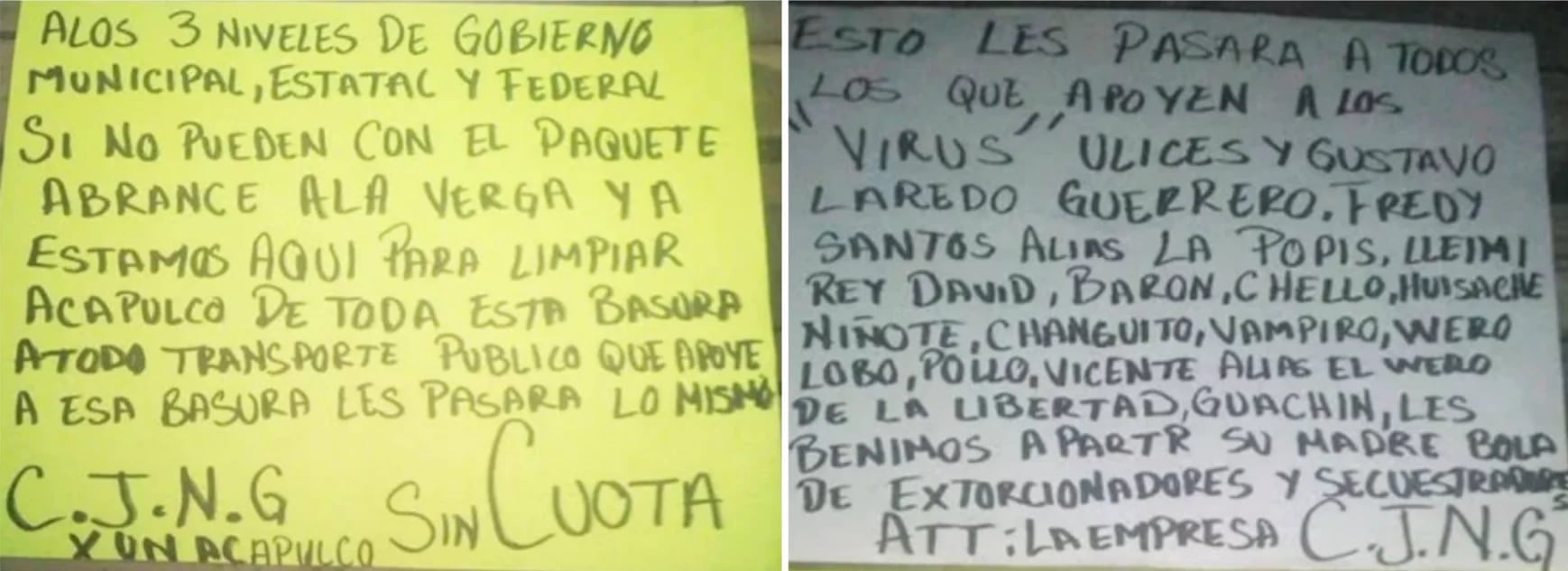 Los mensajes dejados esta semana junto a un rostro humano cercenado son dirigidos a las autoridades locales y federales, así como directamente a “Los Virus”, los supuestos líderes de la mafia que controlaría los secuestros, robos y extorsiones en la exclusiva zona turística de Acapulco, Guerrero Fotos: (Twitter)