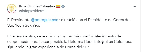 A pesar de la preocupación inicial sobre la cancelación, la Presidencia de la República de Colombia utilizó sus redes sociales para confirmar el encuentro y destacar los compromisos alcanzados durante la reunión - crédito @infopresidencia/X