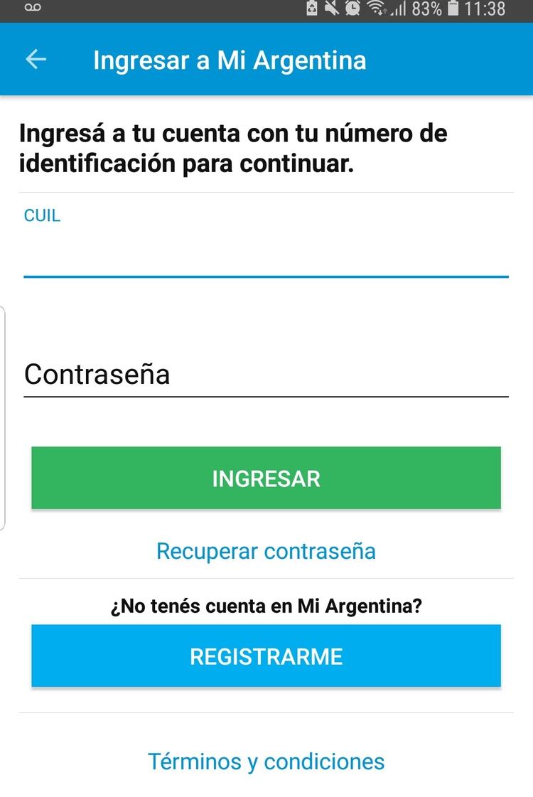 Para ingresar al sitio hay que usar el CUIL y la contraseña que se haya creado al registrarse en el sistema.