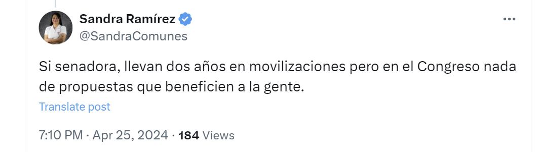 La senadora Sandra Ramírez respondió a María Fernanda Cabal por comentario sobre movilizaciones en Bogotá - crédito @SandraComunes7X