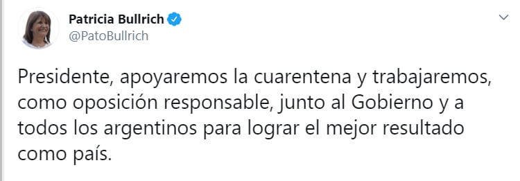 El tuit de Patricia Bullrich tras el anuncio de Alberto Fernández de que se extenderá la cuarentena.