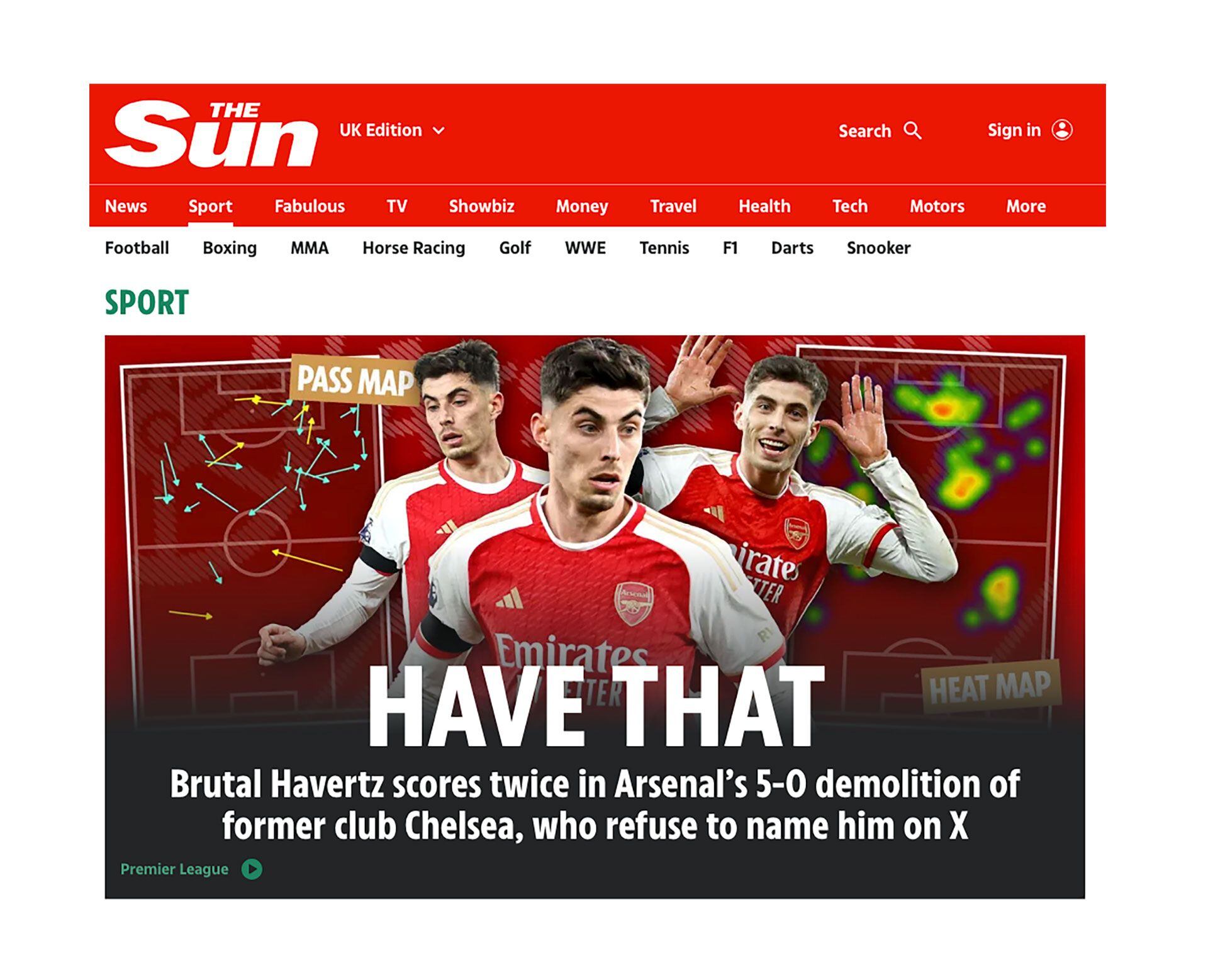La portada de The Sun: "El brutal Havertz anotó dos goles en la victoria del Arsenal por 5-0 sobre el ex club Chelsea, que se niega a nombrarlo"El Chelsea sufrió una goleada 5-0 en su visi