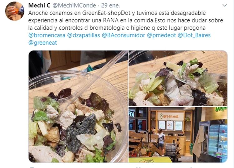 Las imágenes de la rana dentro de la ensalada se viralizaron con rapidez y generaron indignación en las redes sociales