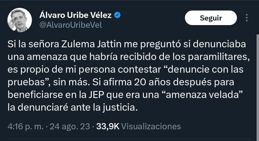 El expresidente dijo que interpondrá acciones legales contra la exsenadora que fue admitida en la JEP - crédito @AlvaroUribeVel / X