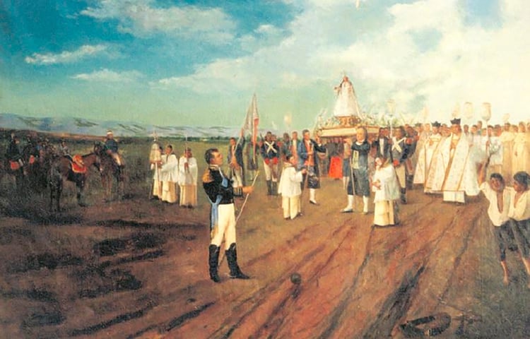 El General Belgrano atribuye el triunfo de la batalla de Tucumán a la Virgen de la Merced y la nombra Generala del Ejército, entregándole su bastón de mando