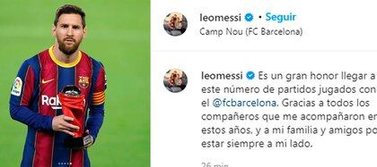 Messi llegó a 767 partidos oficiales como futbolista del FC Barcelona y agradeció en redes sociales a todos los compañeros que formaron parte de su carrera. (Foto: Captura de pantalla Instagram @leomessi)