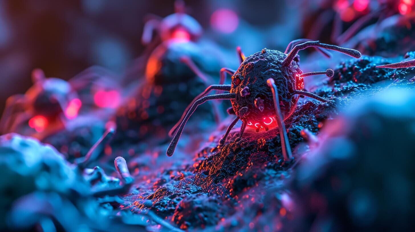 Representación gráfica de nanobots en proceso de neutralizar células cancerosas, ilustrando el progreso de la robótica y la nanotecnología en el campo de la salud. Esta imagen simboliza el avance científico hacia el desarrollo de tratamientos más eficientes contra el cáncer, destacando el papel innovador de la tecnología en la mejora de las terapias médicas y en la esperanza de encontrar una cura. (Imagen ilustrativa Infobae)