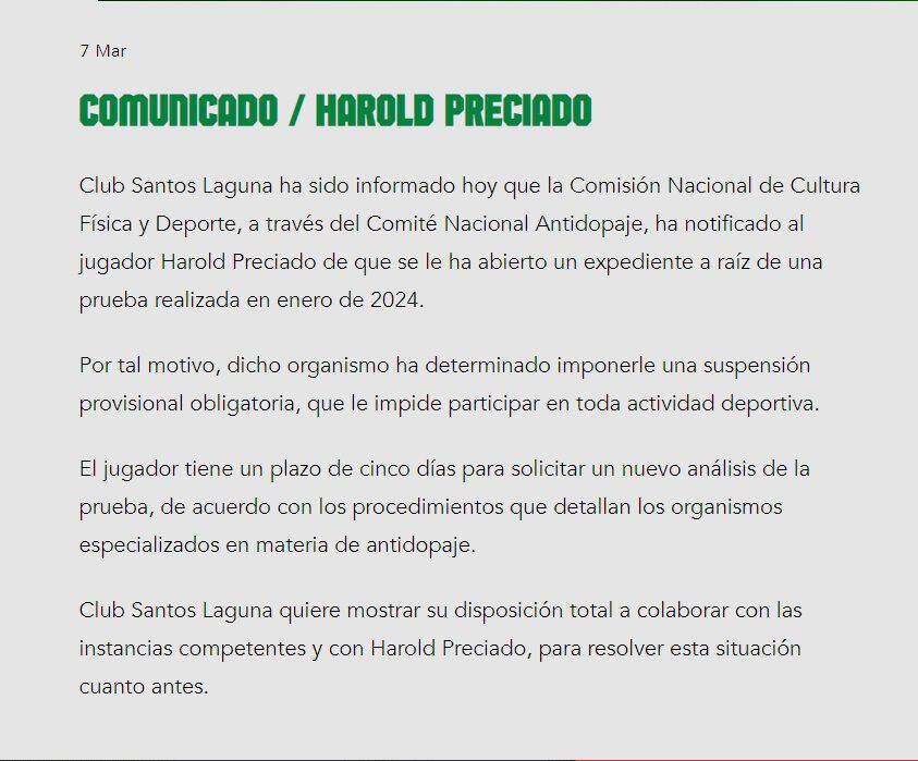 Harold Preciado fue suspendido de Santos