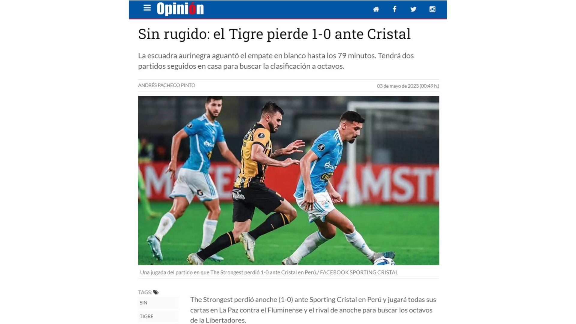 Opinión sobre el Sporting Cristal vs The Strongest por Copa Libertadores.