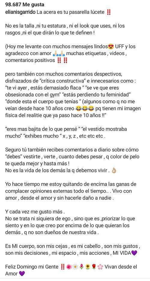 Elianis Garrido to criticism for his appearance: “Every day I like myself more”. Photo: Instagram @elianisgarrido