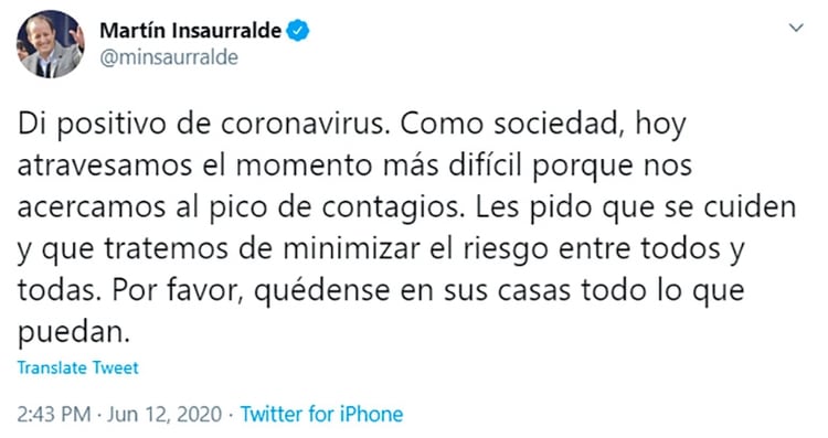 El mensaje de Martín Insaurralde en su cuenta de Twitter