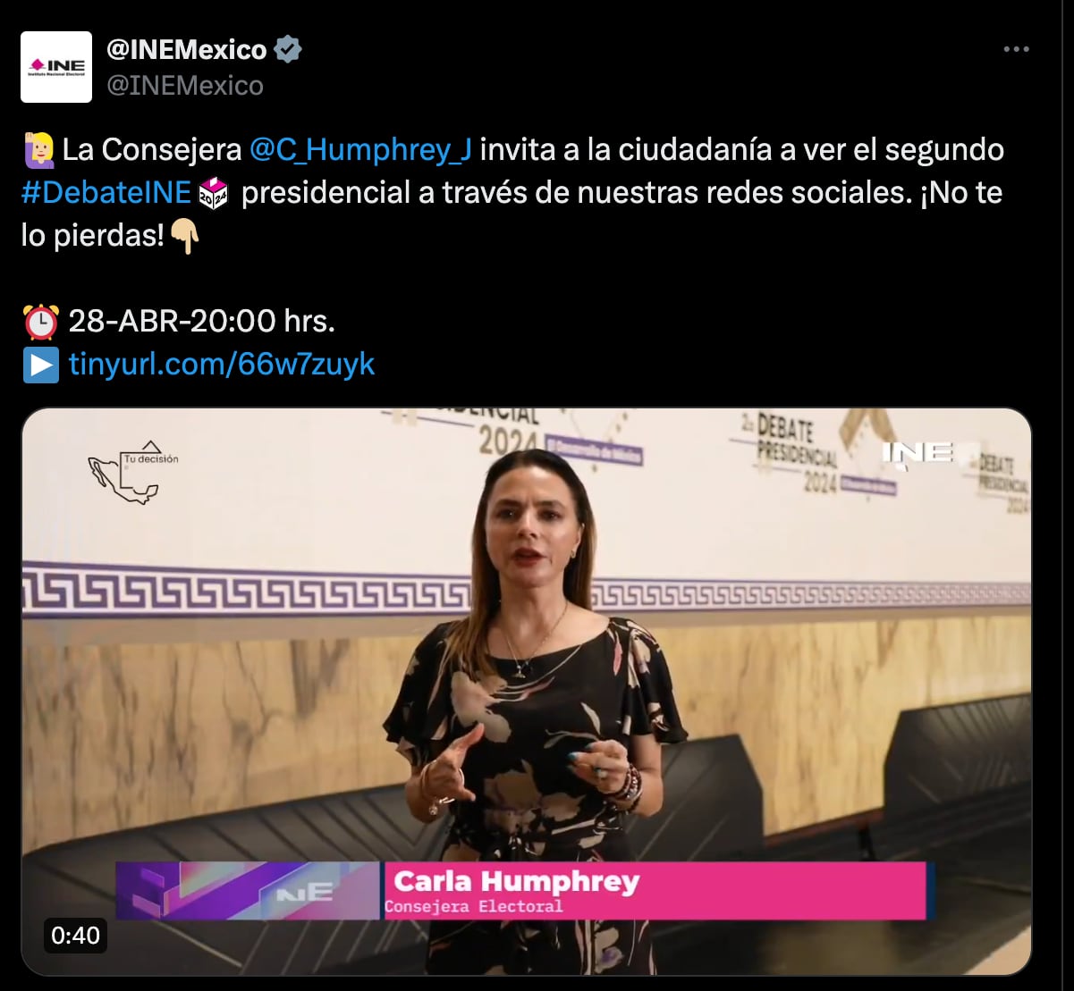 Carla Humphrey-INE-Debate Presidencial-Elecciones 2024-México-28 de abril