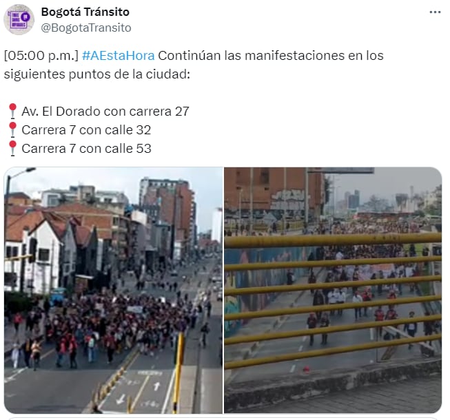 Continúan las manifestaciones en diferentes puntos de la ciudad - crédito @BogotaTransito / X
