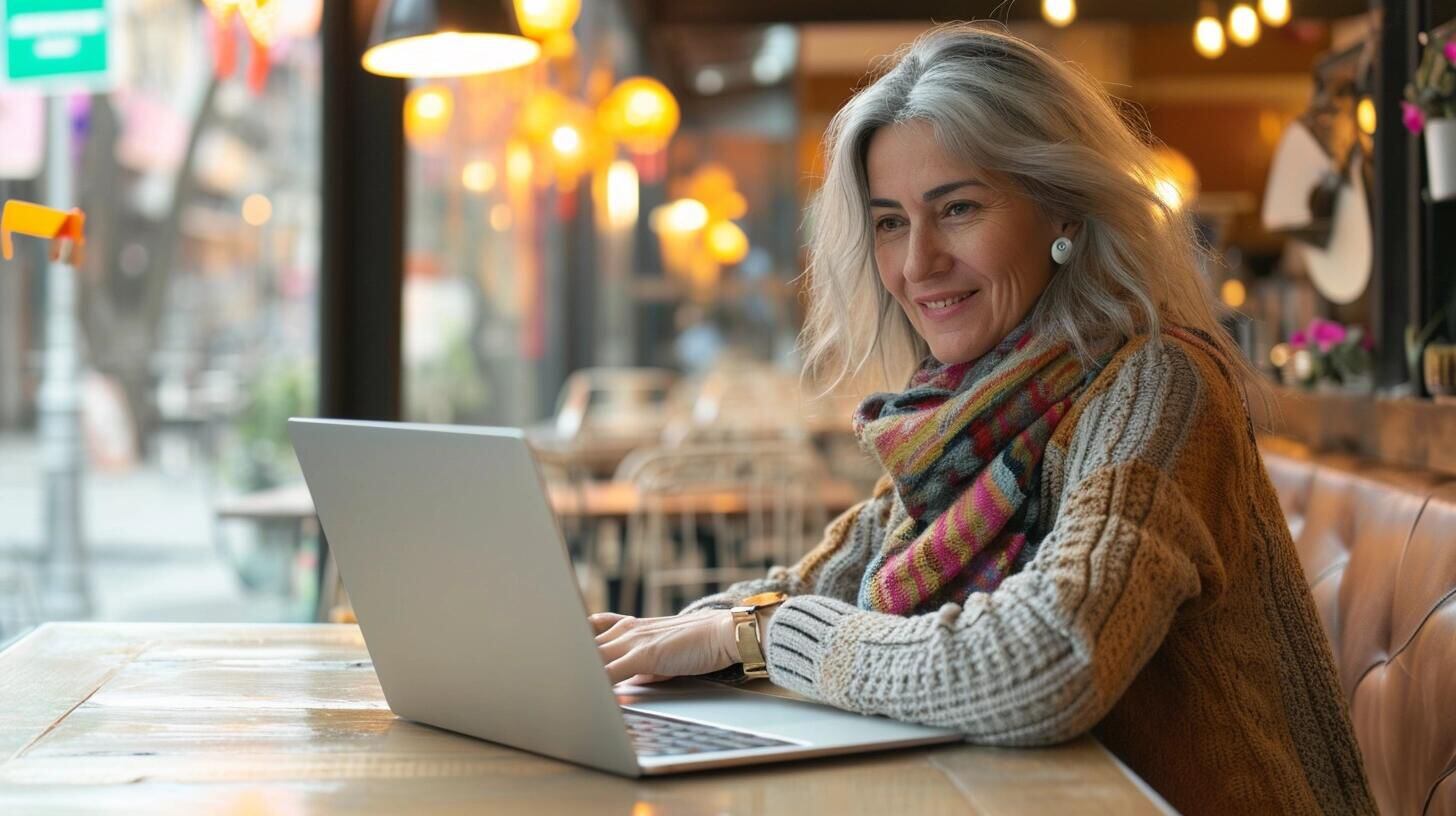 Mujer mayor utilizando su laptop en un ambiente de café, mostrando habilidad y comodidad con la tecnología. La foto captura su enfoque y conexión al mundo virtual, desafiando los estereotipos sobre la edad y la adaptación a las nuevas tecnologías. (Imagen ilustrativa Infobae)
