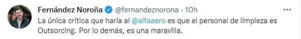 El siputado por el PT indicó que el aeropuerto subcontrató a los empleados de limpieza (foto: @fernandeznoroña)