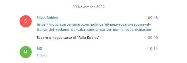 Otro de los chats entre el ministro y el vocero de Rosatti, durante el cual hablan del "fallo Robles"