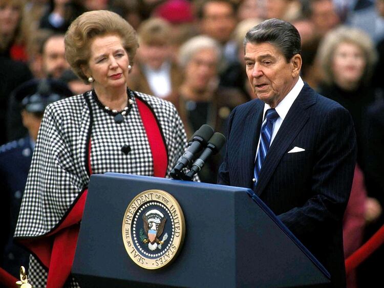 (Globe Photos/mediapunch/Shutterstock) Ronald Reagan Speaking On Stage Margaret Thatcher Ronald Reagan and Margaret Thatcher 1988