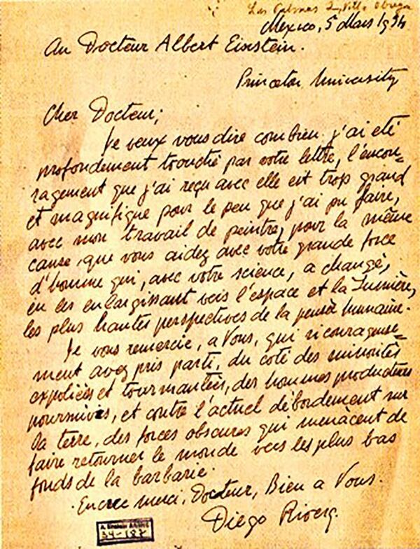 La carta a mano que Rivera le respondió en francés a Einstein