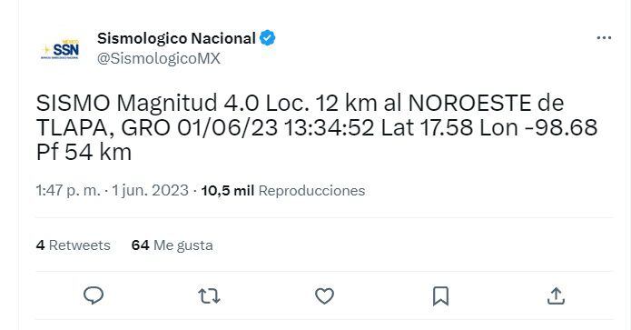 Se registró un sismo de 4.0 al noreste de Tlapa (Twitter/ @SismologicoMX)