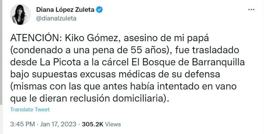 Diana López reclama por traslado de Kiko Gómez a cárcel de Barranquilla. Twitter @dianalzuleta